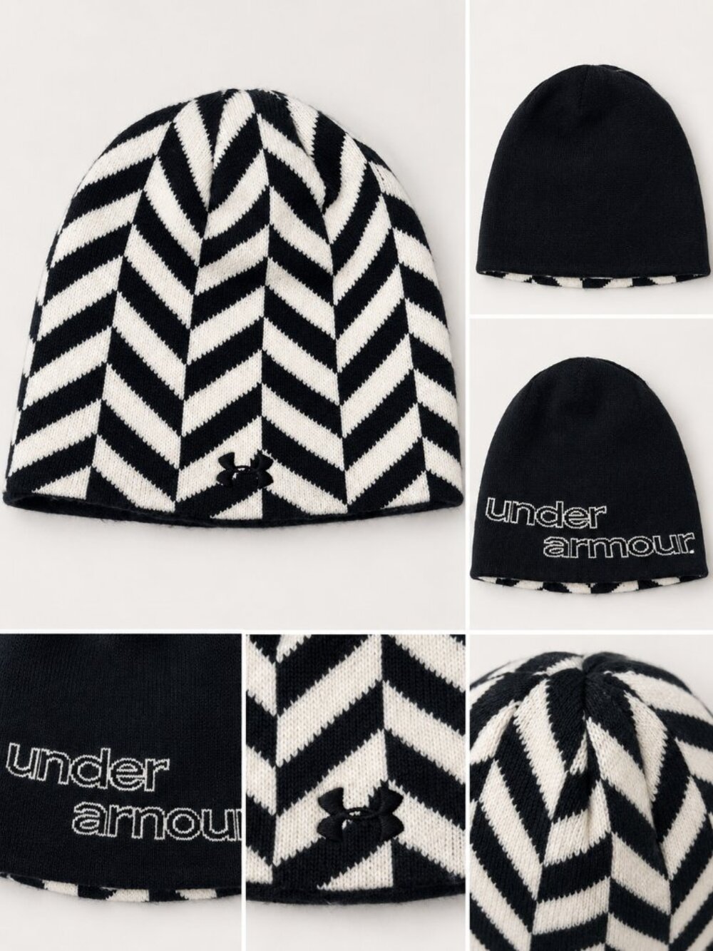 Under Armour Reversible Black White Chevron Knit Beanie Winter Hat One Size